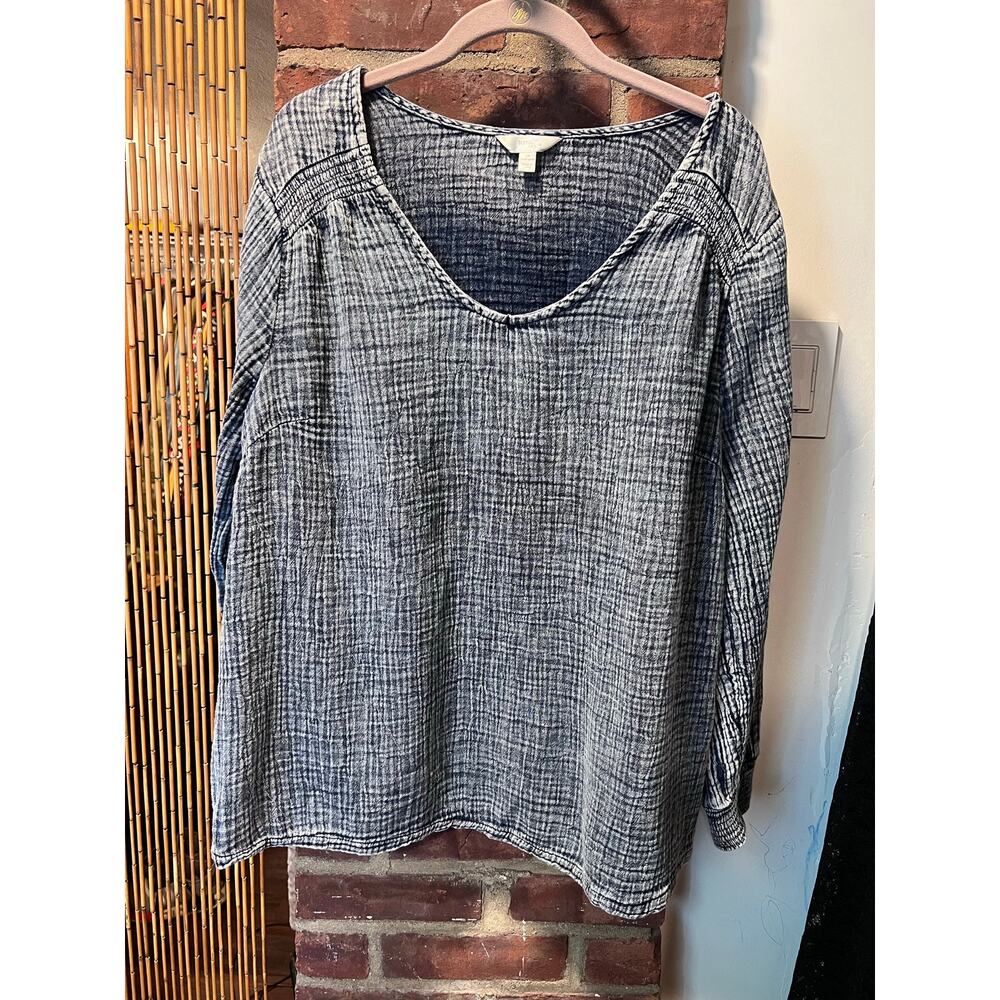 Women's Boho Hippie Plus Size Crinkle Gauze Blouse V-Neck Gray Blue Tunic 1X - Picture 4 of 9